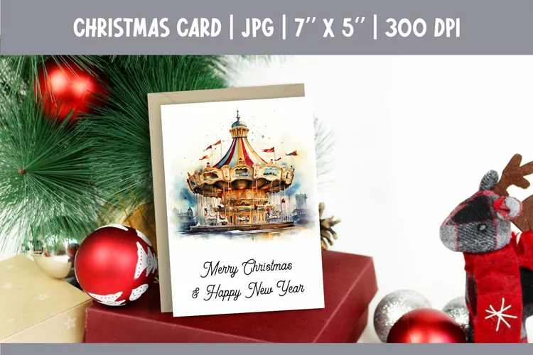Merry Christmas Card Printable | Watercolor Carousel PNG