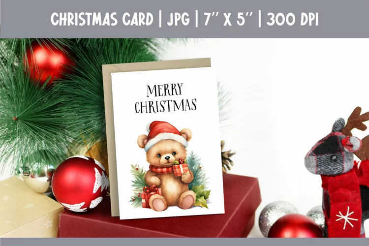 Merry Christmas Card Printable | Watercolor Teddy Bear PNG
