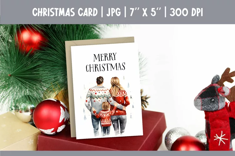 Merry Christmas Card Design Printable | Watercolor Family