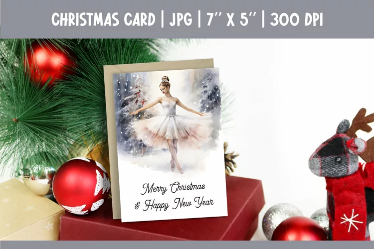 Merry Christmas Card Design Printable | Watercolor Ballerina