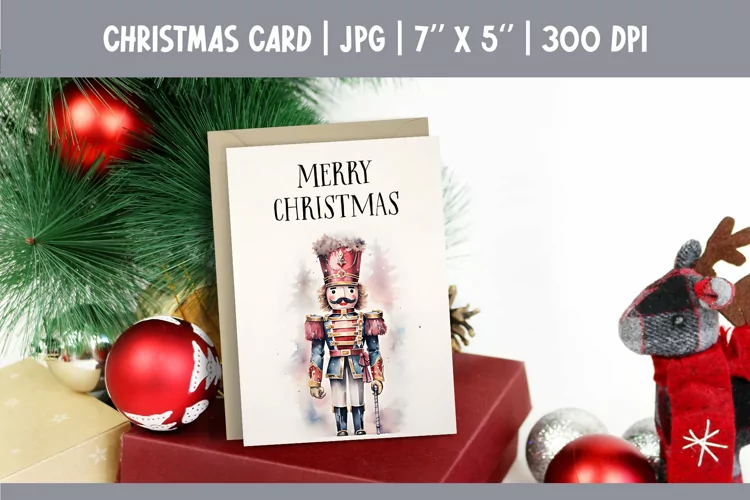 Merry Christmas Card Design Printable Watercolor Nutcracker