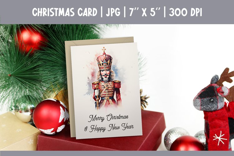 Merry Christmas Card Design Printable Watercolor Nutcracker example image 1