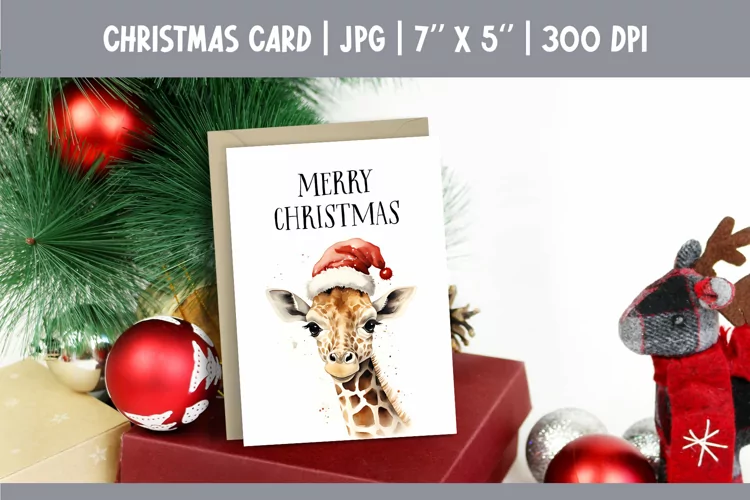Merry Christmas Card Design Printable | Watercolor Giraffe