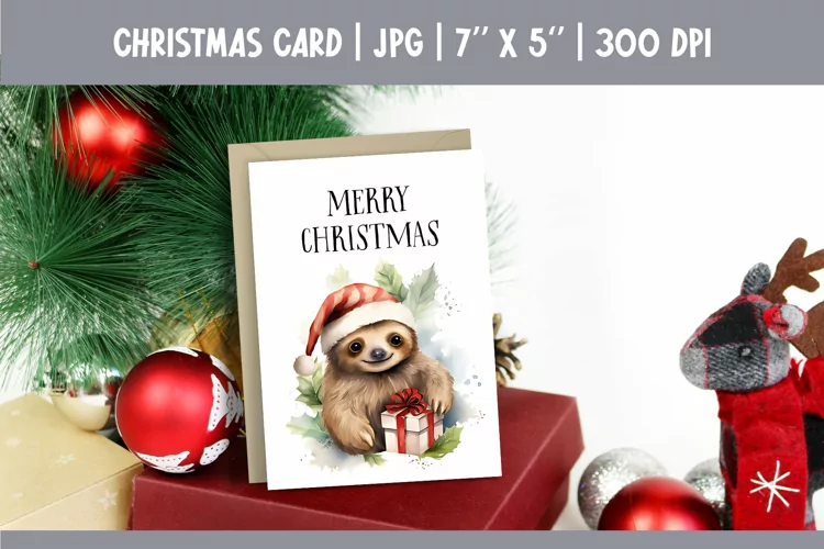 Merry Christmas Card Design Printable | Watercolor Sloth