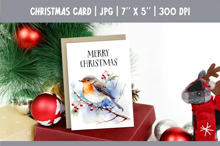 Merry Christmas Card Design Printable | Watercolor Bird PNG