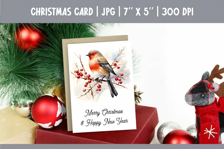 Merry Christmas Card Design Printable | Watercolor Bird PNG