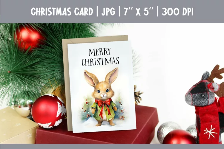 Merry Christmas Card Design Printable | Watercolor Rabbit