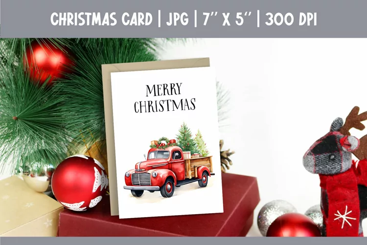 Merry Christmas Card Design Printable | Watercolor Red Truck