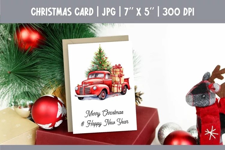 Merry Christmas Card Design Printable | Watercolor Red Truck