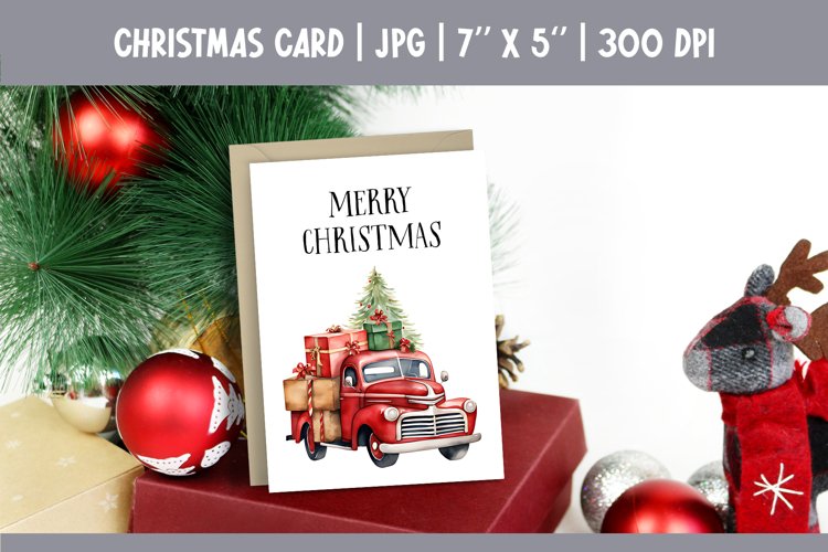 Merry Christmas Card Design Printable | Watercolor Red Truck example image 1