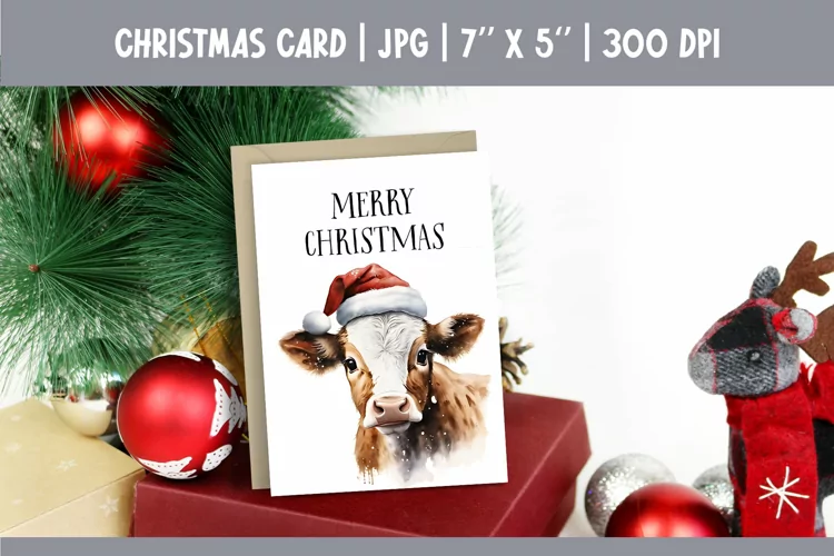 Merry Christmas Card Design Printable | Watercolor Cow PNG