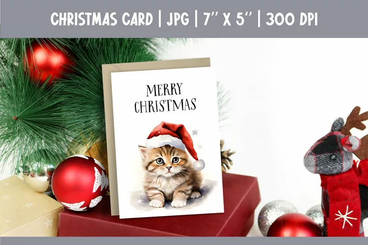 Merry Christmas Card Design Printable | Watercolor Cat PNG