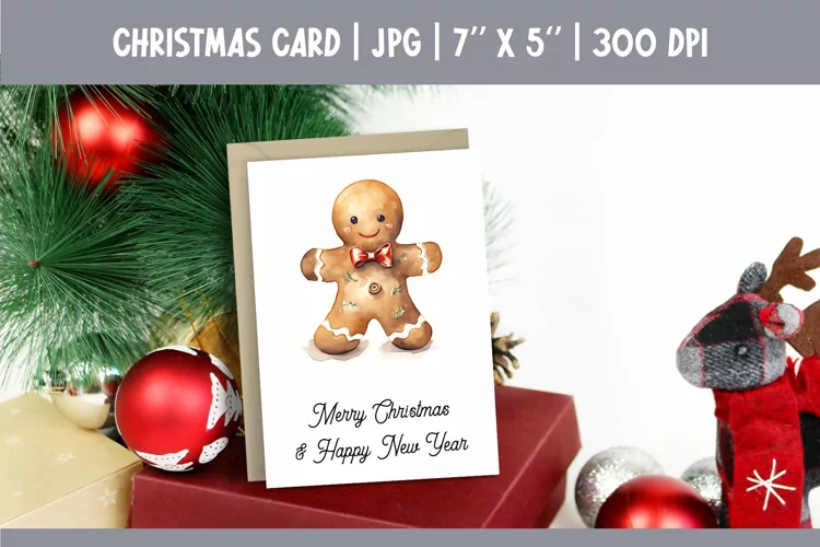 Merry Christmas Card Design Printable Watercolor Gingerbread