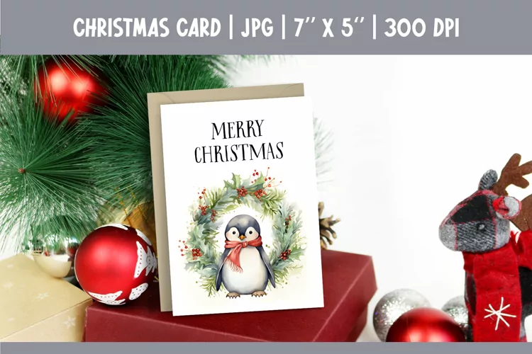 Merry Christmas Card Design Printable | Watercolor Penguin