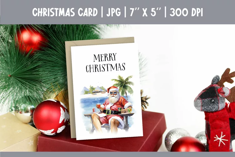 Merry Christmas Card Design Printable Watercolor Beach Santa