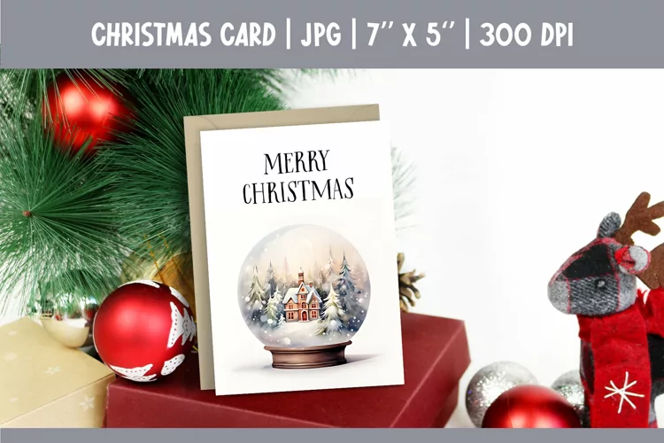 Merry Christmas Card Design Printable Watercolor Snow Globe