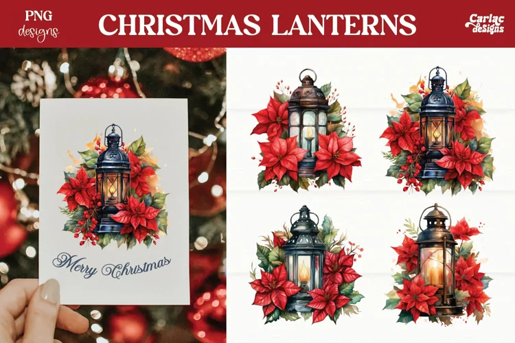 Christmas Lanterns PNG | Christmas Watercolor Clipart