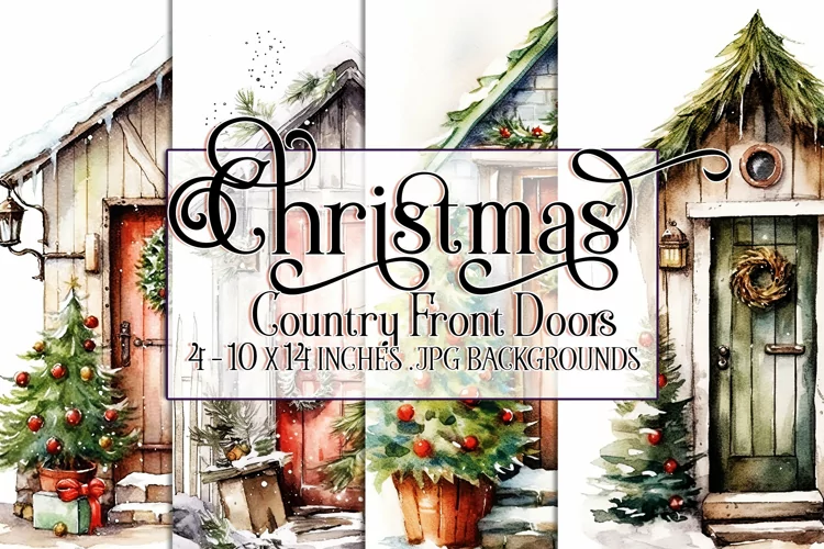 Christmas Backgrounds, 10x14 Watercolor Front Door, Country