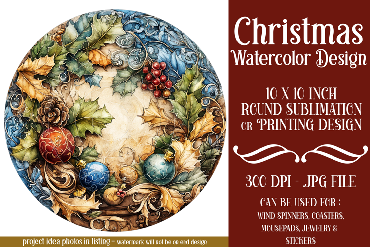 Christmas Wind Spinner, Watercolor Holiday Round Image, r1