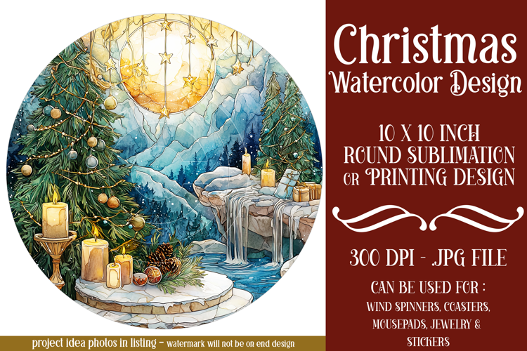 Christmas Wind Spinner, Watercolor Holiday Round Image, r2