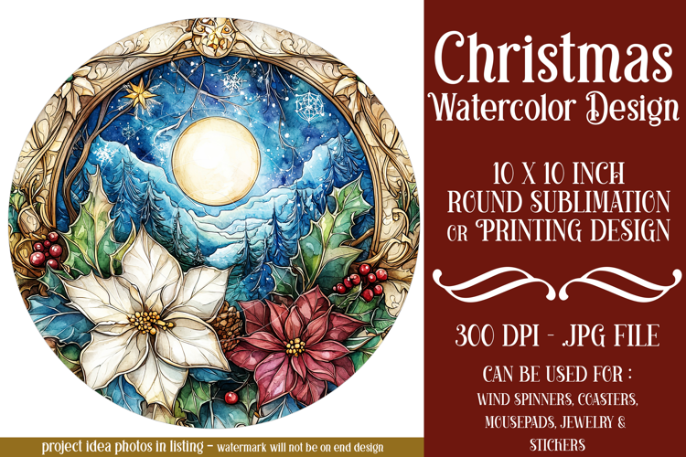 Christmas Wind Spinner, Watercolor Holiday Round Image, r3