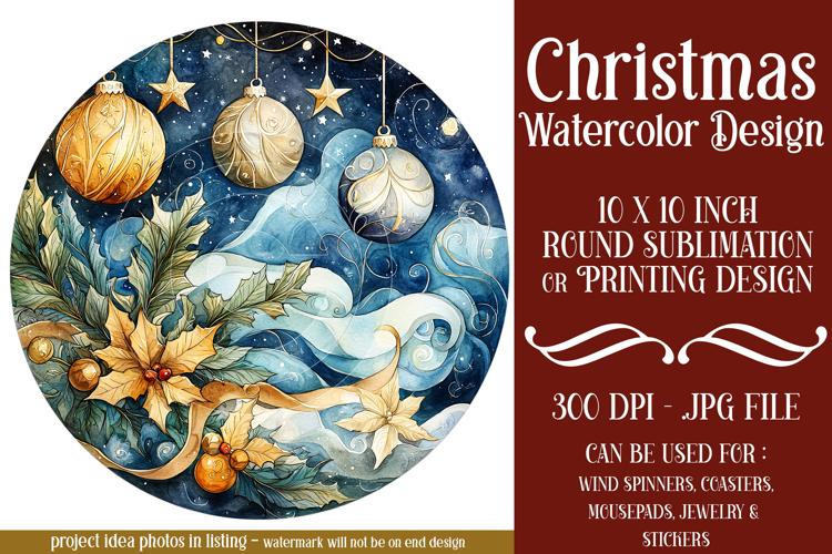 Christmas Wind Spinner, Watercolor Holiday Round Image, r4