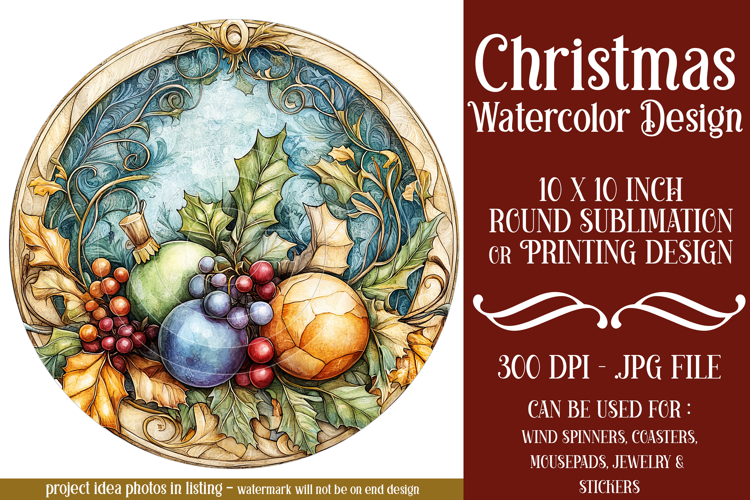 Christmas Wind Spinner, Watercolor Holiday Round Image, r5