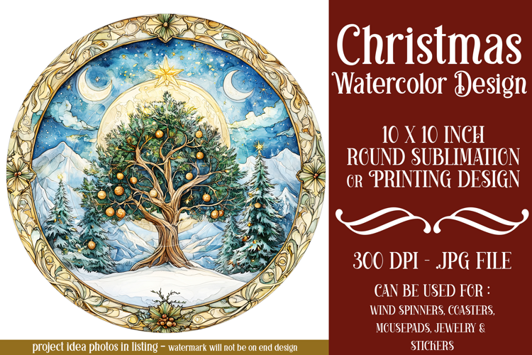 Christmas Wind Spinner, Watercolor Holiday Round Image, r6