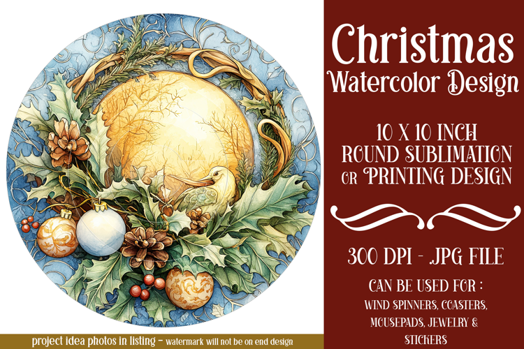 Christmas Wind Spinner, Watercolor Holiday Round Image, r7