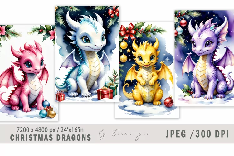 Christmas watercolor dragon illustration for posters- 4 Jpeg