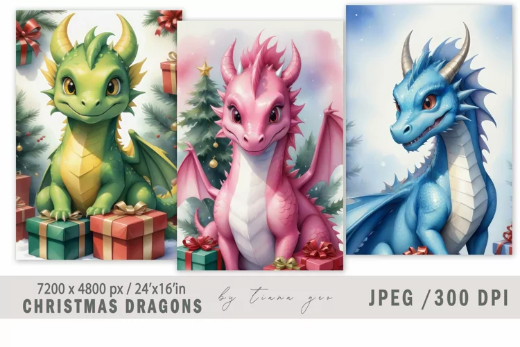 Christmas watercolor dragon illustrations for posters- 3Jpeg