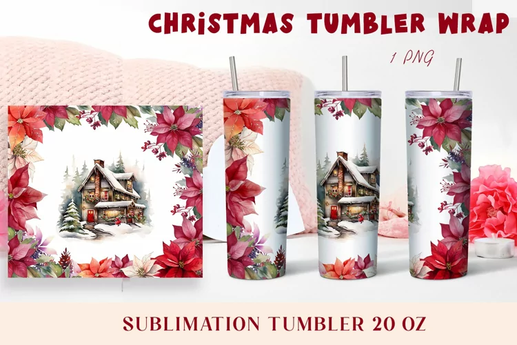 Christmas Watercolor Flowers haus Sublimation Tumbler Wrap
