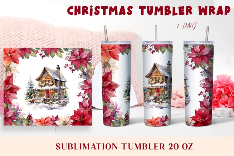 Christmas Watercolor Flowers haus Sublimation Tumbler Wrap
