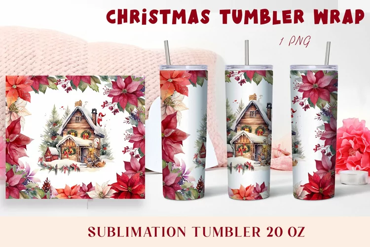 Christmas Watercolor Flowers haus Sublimation Tumbler Wrap