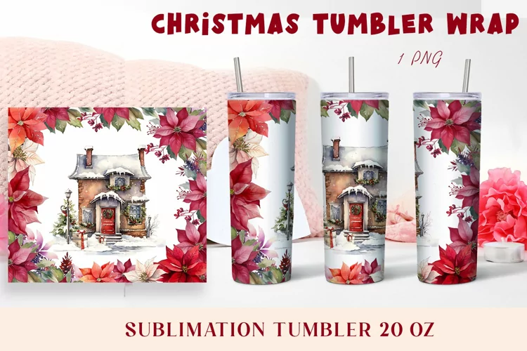 Christmas Watercolor Flowers haus Sublimation Tumbler Wrap