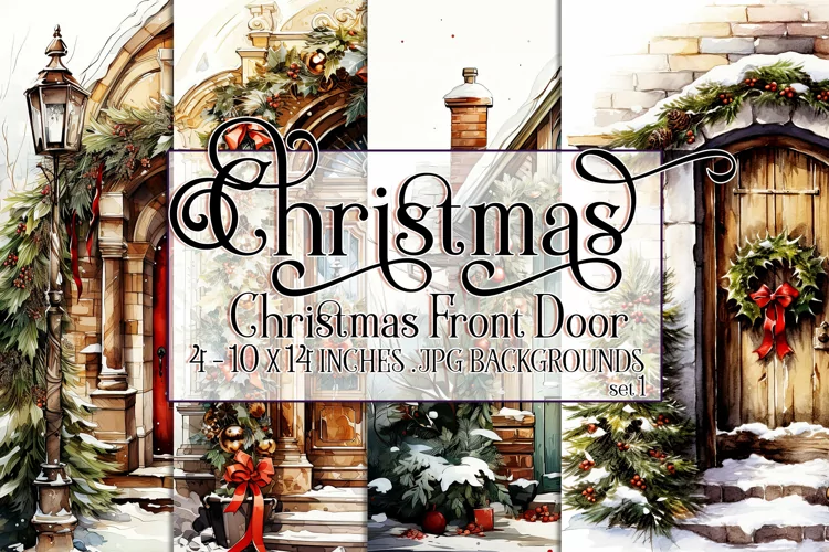 Christmas Backgrounds, 10x14 Watercolor Front Door, Rustic