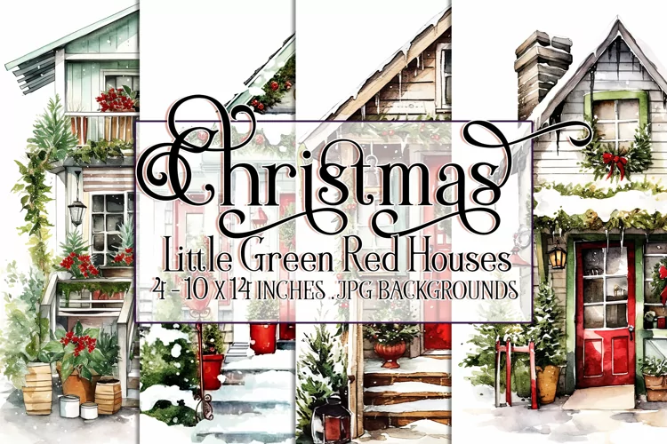 Christmas Backgrounds, 10x14 Tiny Green Red Christmas Houses