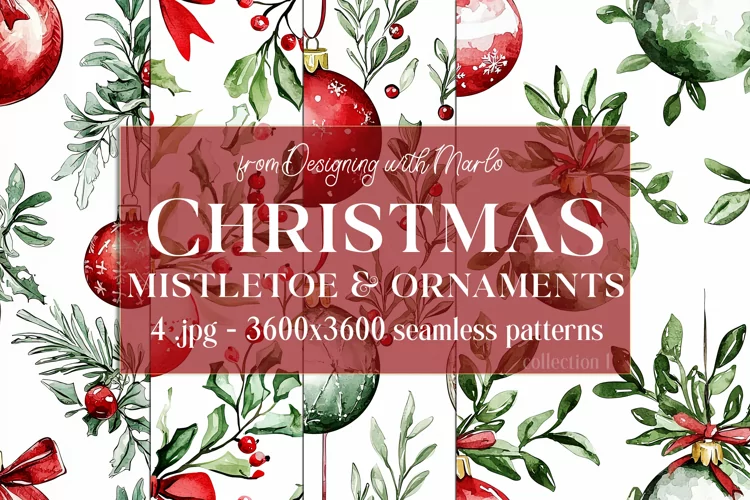 Christmas Patterns, Watercolor Mistletoe and Ornaments, s1