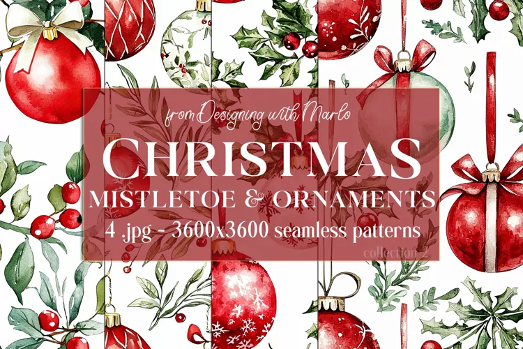 Christmas Patterns, Watercolor Mistletoe and Ornaments, s2