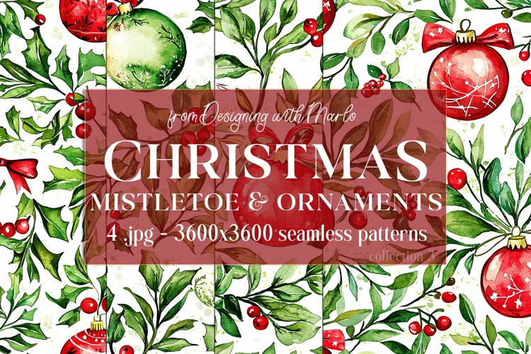 Christmas Patterns, Watercolor Mistletoe and Ornaments, s3