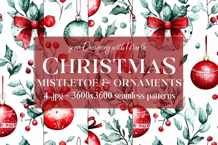Christmas Patterns, Watercolor Mistletoe and Ornaments, s4