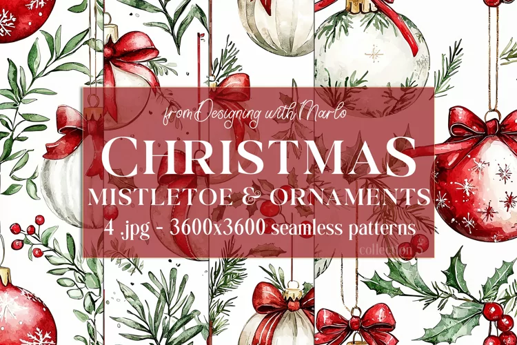 Christmas Patterns, Watercolor Mistletoe and Ornaments, s5