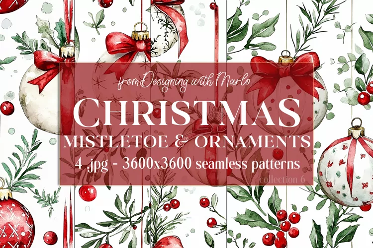 Christmas Patterns, Watercolor Mistletoe and Ornaments, s6