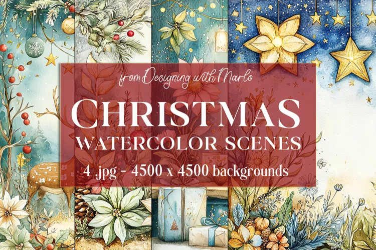 Christmas Backgrounds, Watercolor 15x15 Holiday Scenes, s1