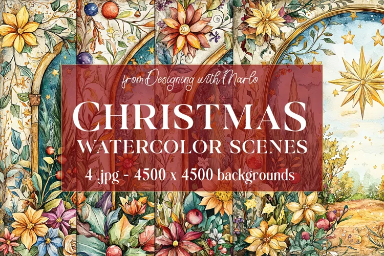 Christmas Backgrounds, Watercolor 15x15 Holiday Scenes, s14