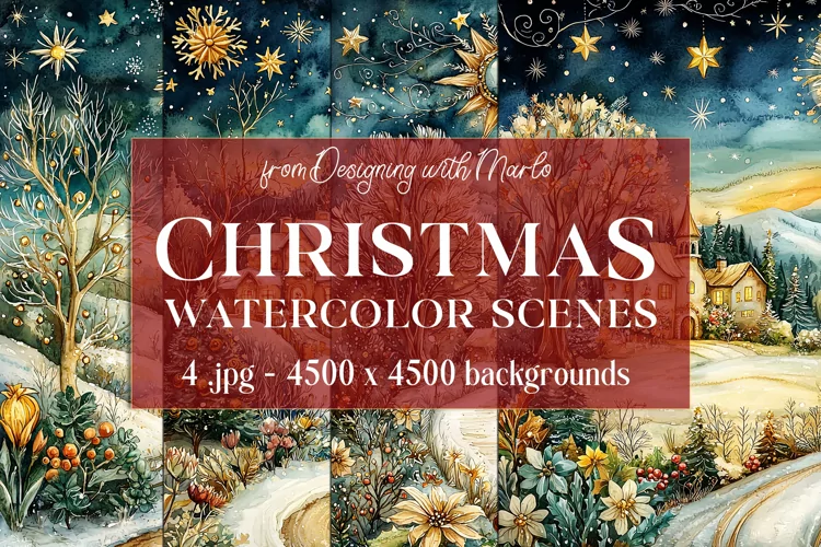 Christmas Backgrounds, Watercolor 15x15 Holiday Scenes, s15