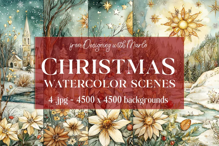 Christmas Backgrounds, Watercolor 15x15 Holiday Scenes, s16