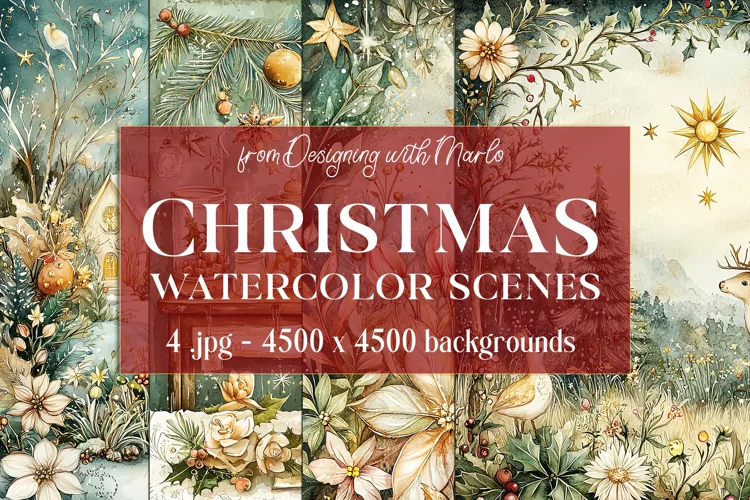 Christmas Backgrounds, Watercolor 15x15 Holiday Scenes, s2