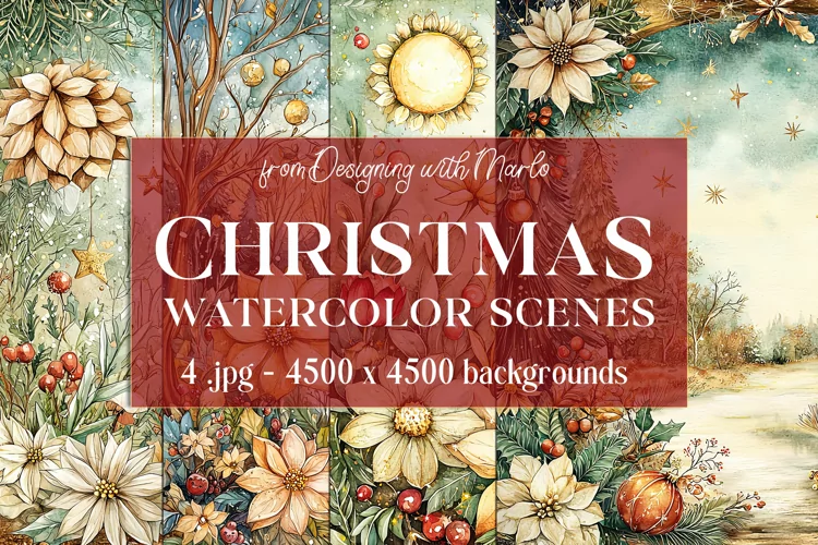 Christmas Backgrounds, Watercolor 15x15 Holiday Scenes, s20