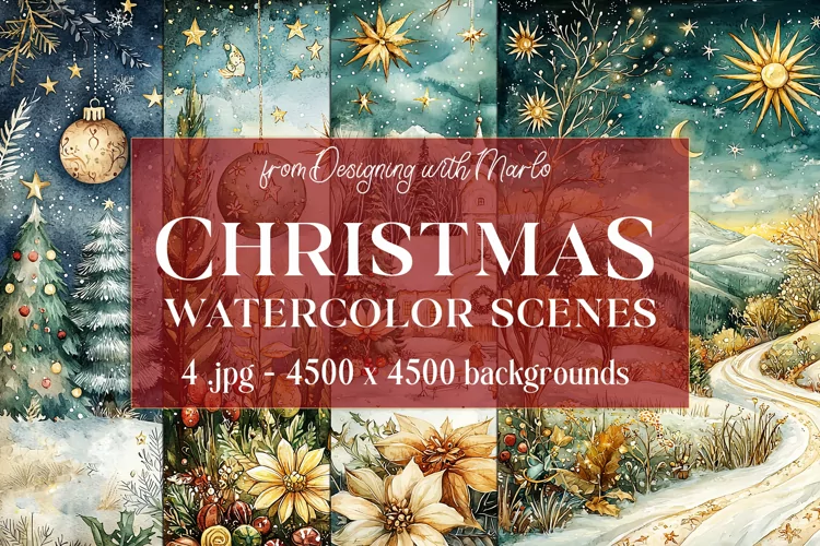 Christmas Backgrounds, Watercolor 15x15 Holiday Scenes, s29